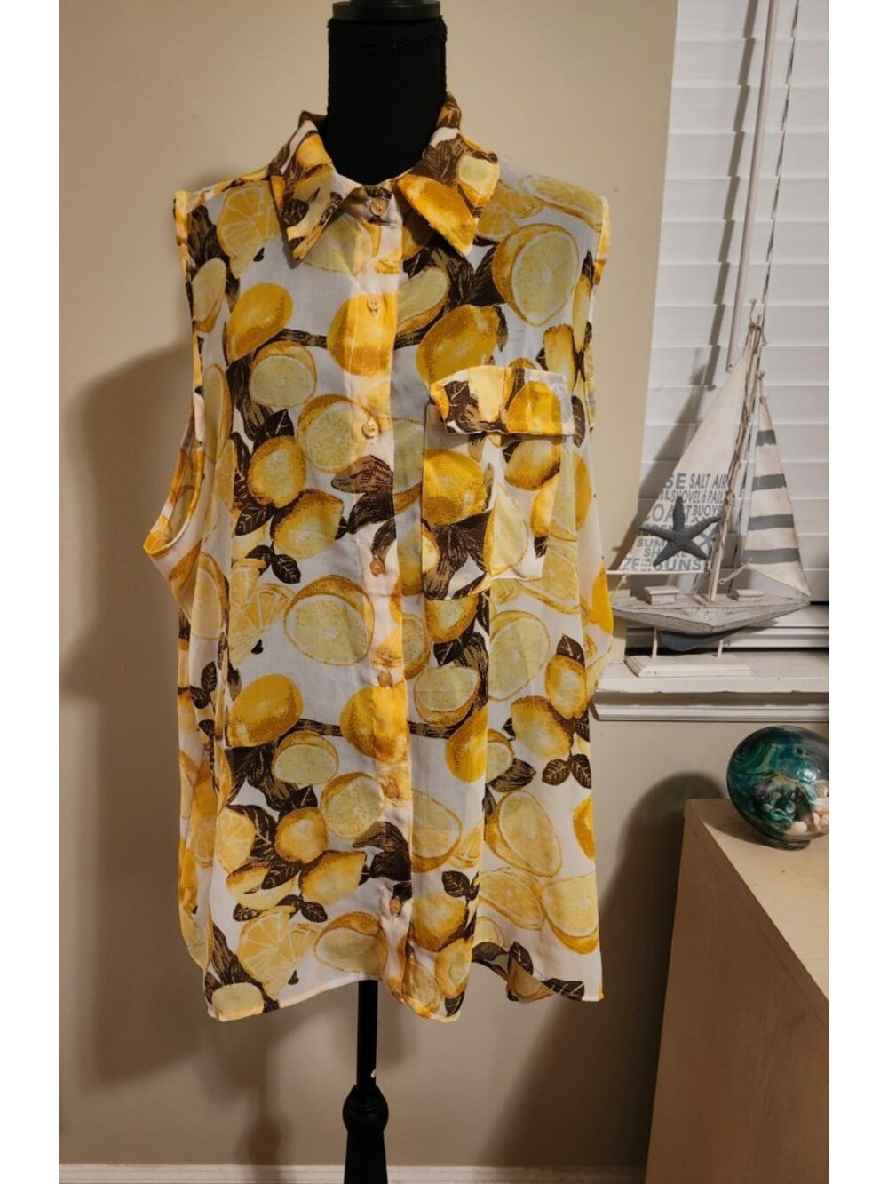 Lemon Citrus Yellow Sleeveless 3X Flowy Sheer Summer Resort Cruise Vacation Y2K